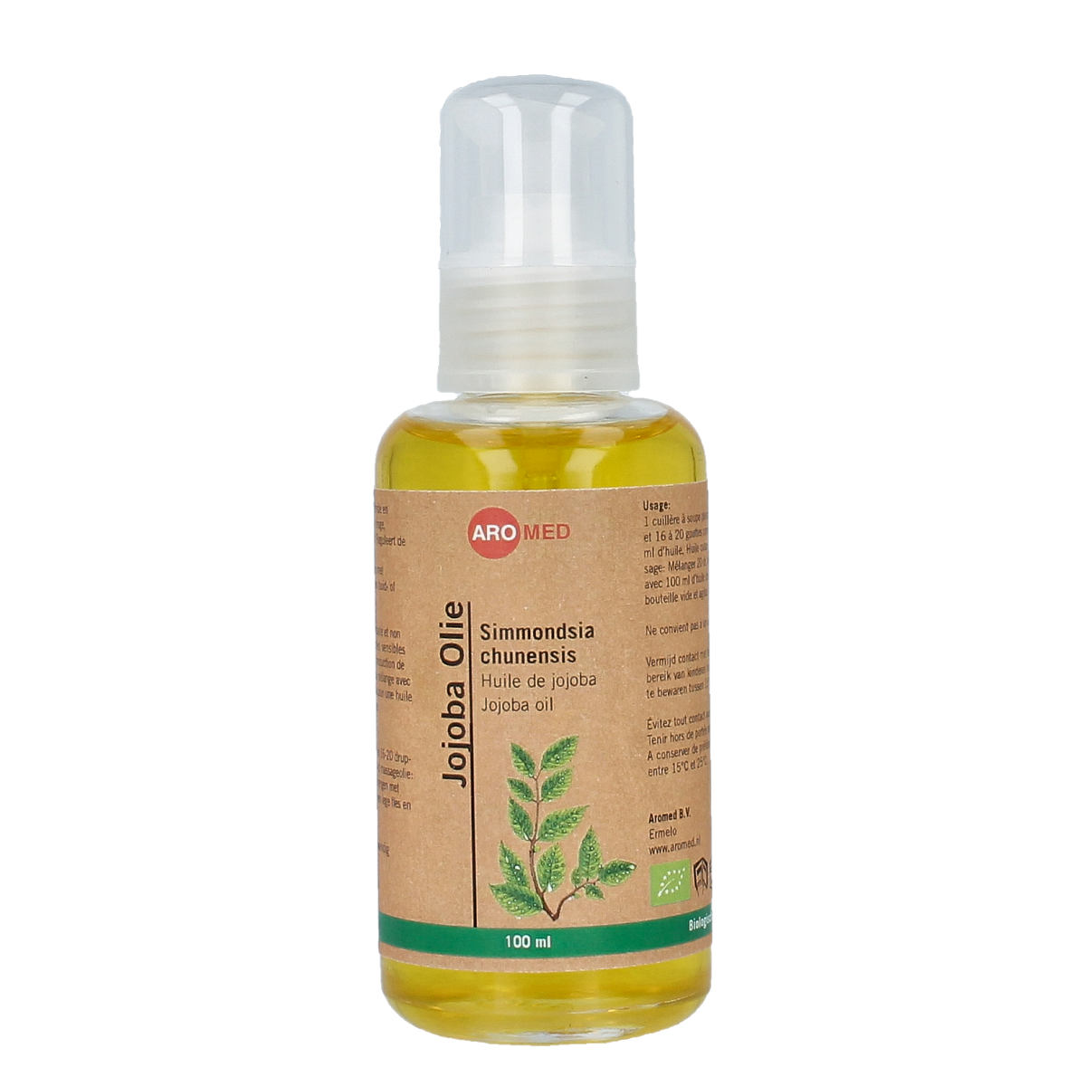 Aromed bio jojoba oil bottle, 100ml, natural botanical jojoba oil in clear glass container, ideal for skincare and hair care.