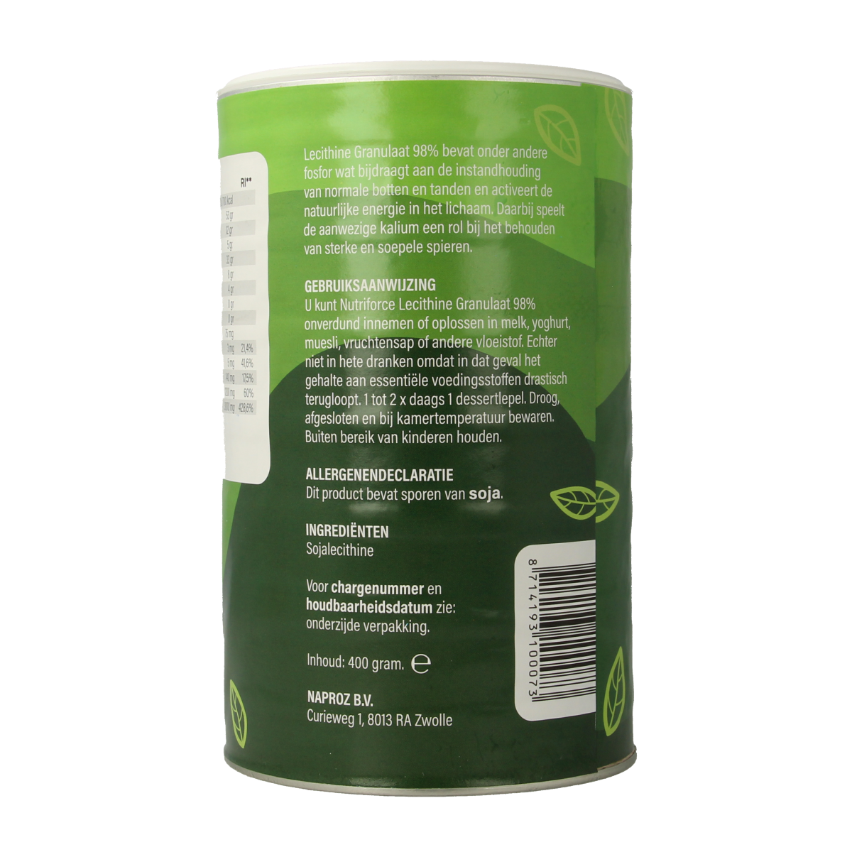 Nutriforce Lecithine granulaat 98% in 400g container, herbal supplement with yellow granules for health support