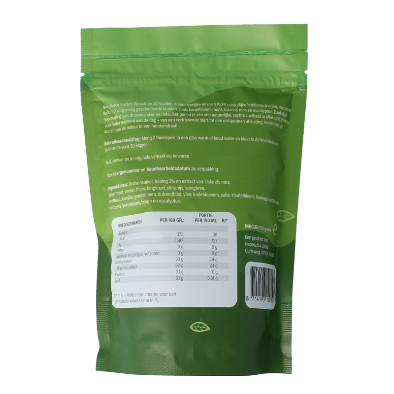 Naproz Multi kruidendrank with 20 herbs, 190g, showcasing a colorful blend of dried herbs and spices in a jar.