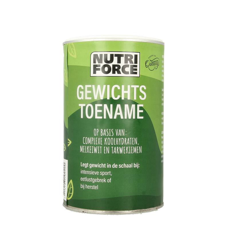 Nutriforce Gewichtstoename maaltijdvervangers in 500 gram verpakking, featuring a colorful label and product information.