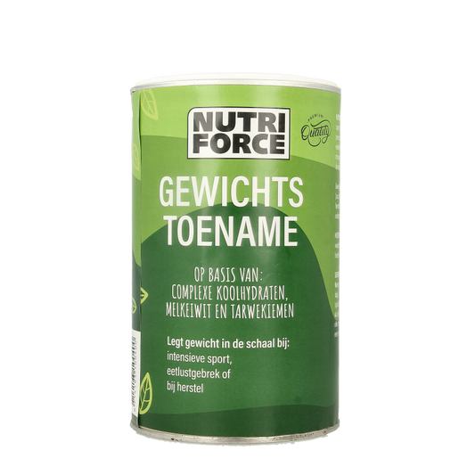 Nutriforce Gewichtstoename maaltijdvervangers in 500 gram verpakking, featuring a colorful label and product information.