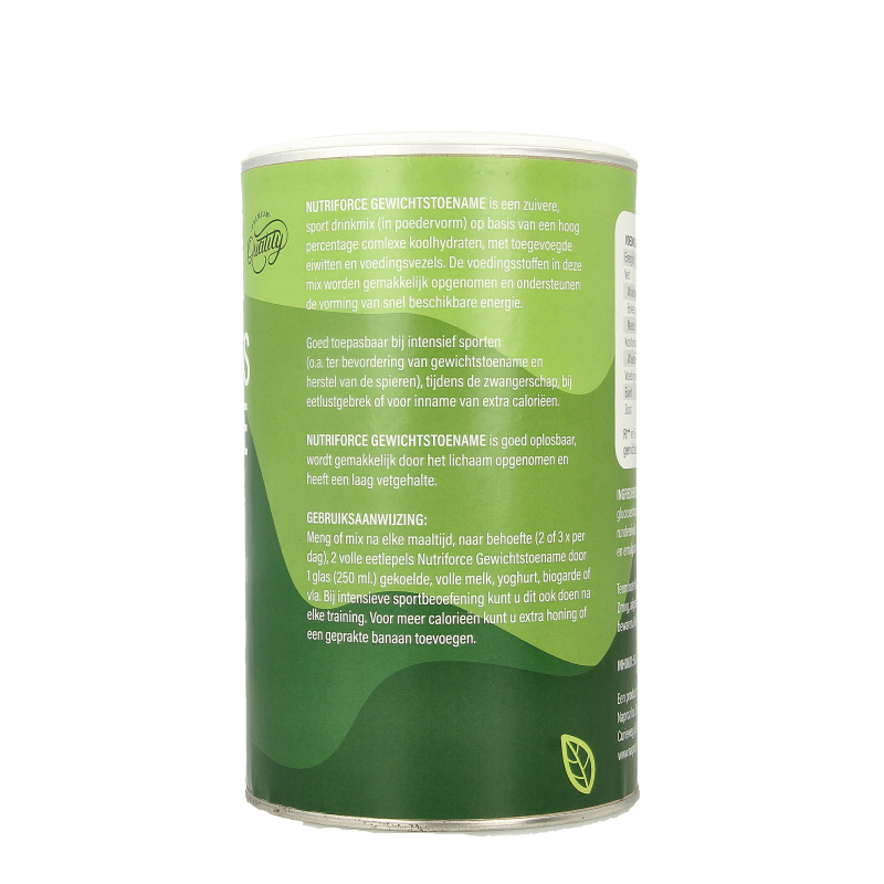 Nutriforce Gewichtstoename maaltijdvervanger in 500g verpakking, creamy shake with Nutriforce branding and label details.
