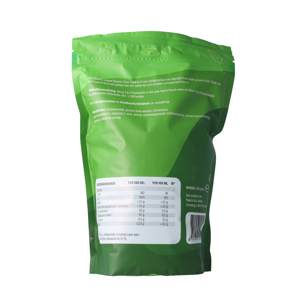 Nutriforce instant groene thee in 500g package, fresh green tea powder for brewing or hot beverages.