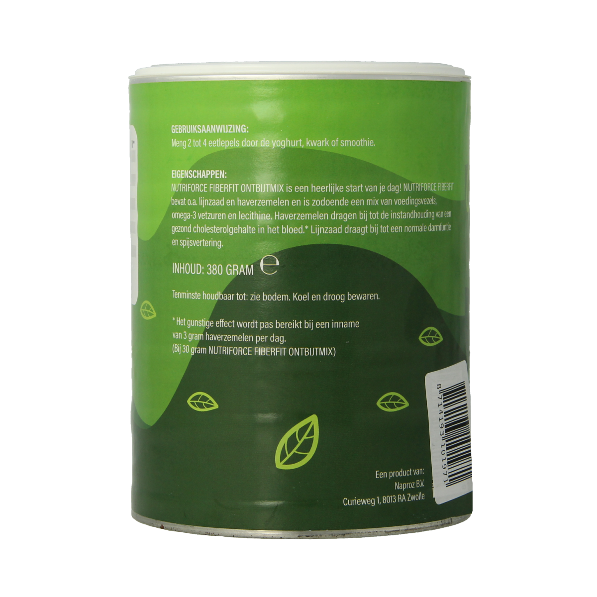 Nutriforce Fiber Fit vezels en enzymen supplement in a 500g container, showcasing the product packaging.