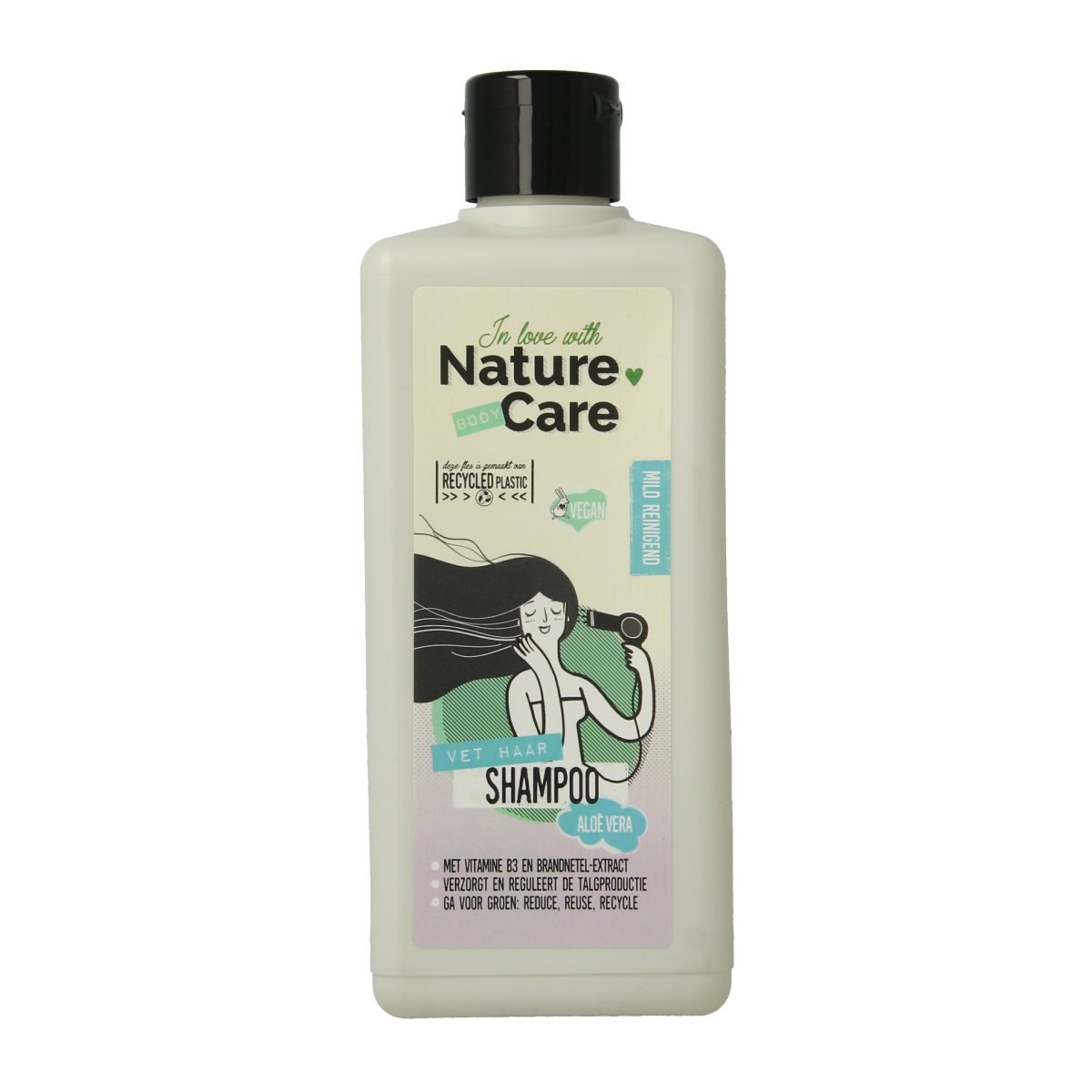 Nature Care Shampoo for hair, 500ml, nourishing haircare product with natural ingredients, in a clear bottle.