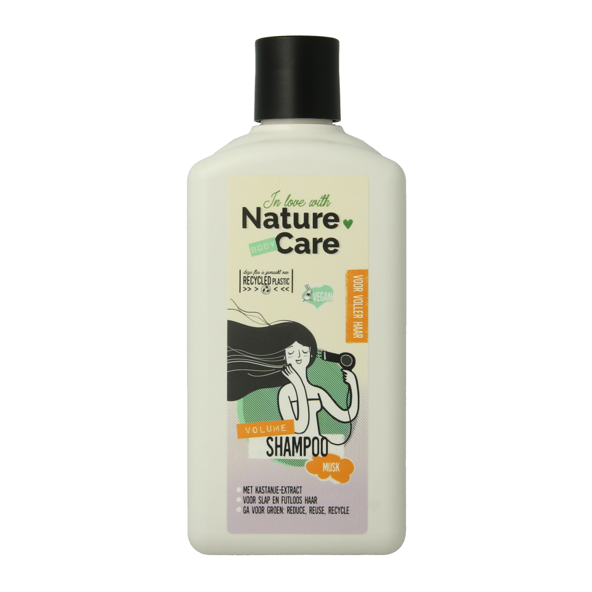 Nature Care Shampoo volume 500ml, a hair care product with a clear bottle and label, designed to add volume to hair.