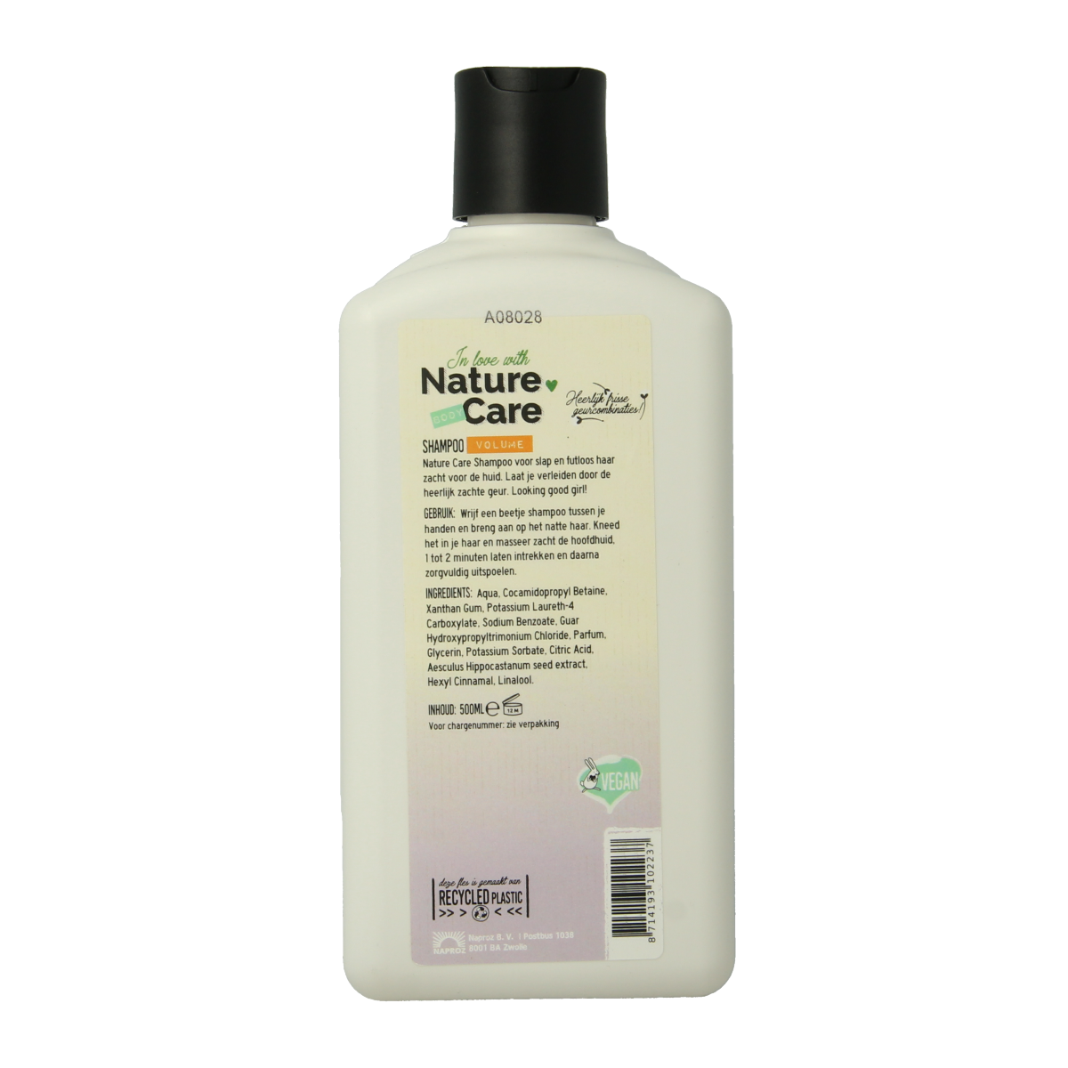 Bottle of Nature Care Shampoo for volume, 500ml, with a white and green label, used for hair care and boosting hair volume.