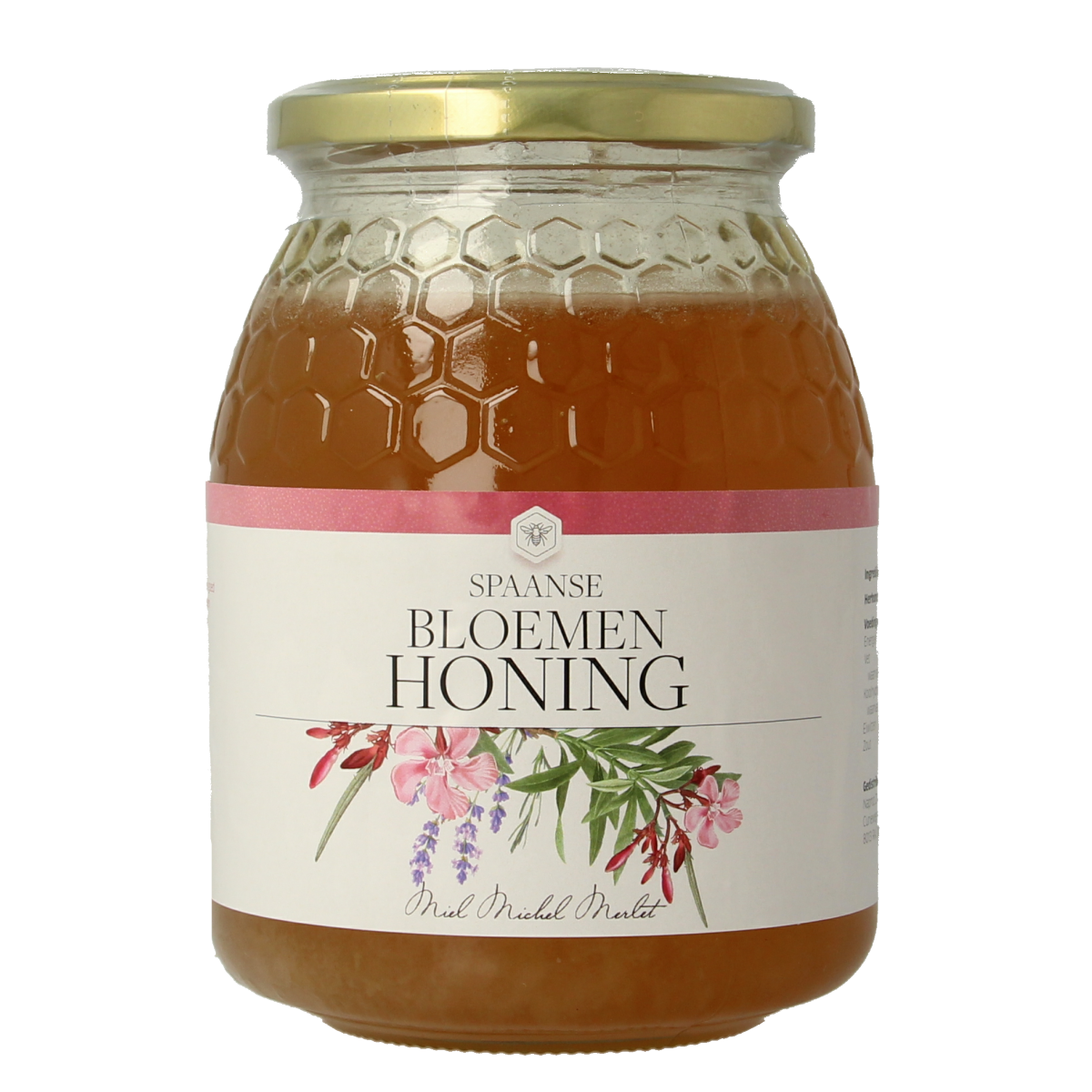Jar of Michel Merlet Bloemenhoning spaans honey in a clear glass jar, showcasing golden, floral honey from Spain.