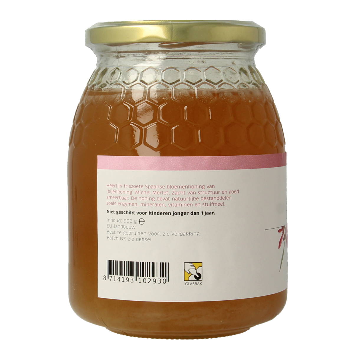 Jar of Michel Merlet Bloemenhoning spaans honey in a glass jar, showcasing golden, floral honey from the Michel Merlet brand.