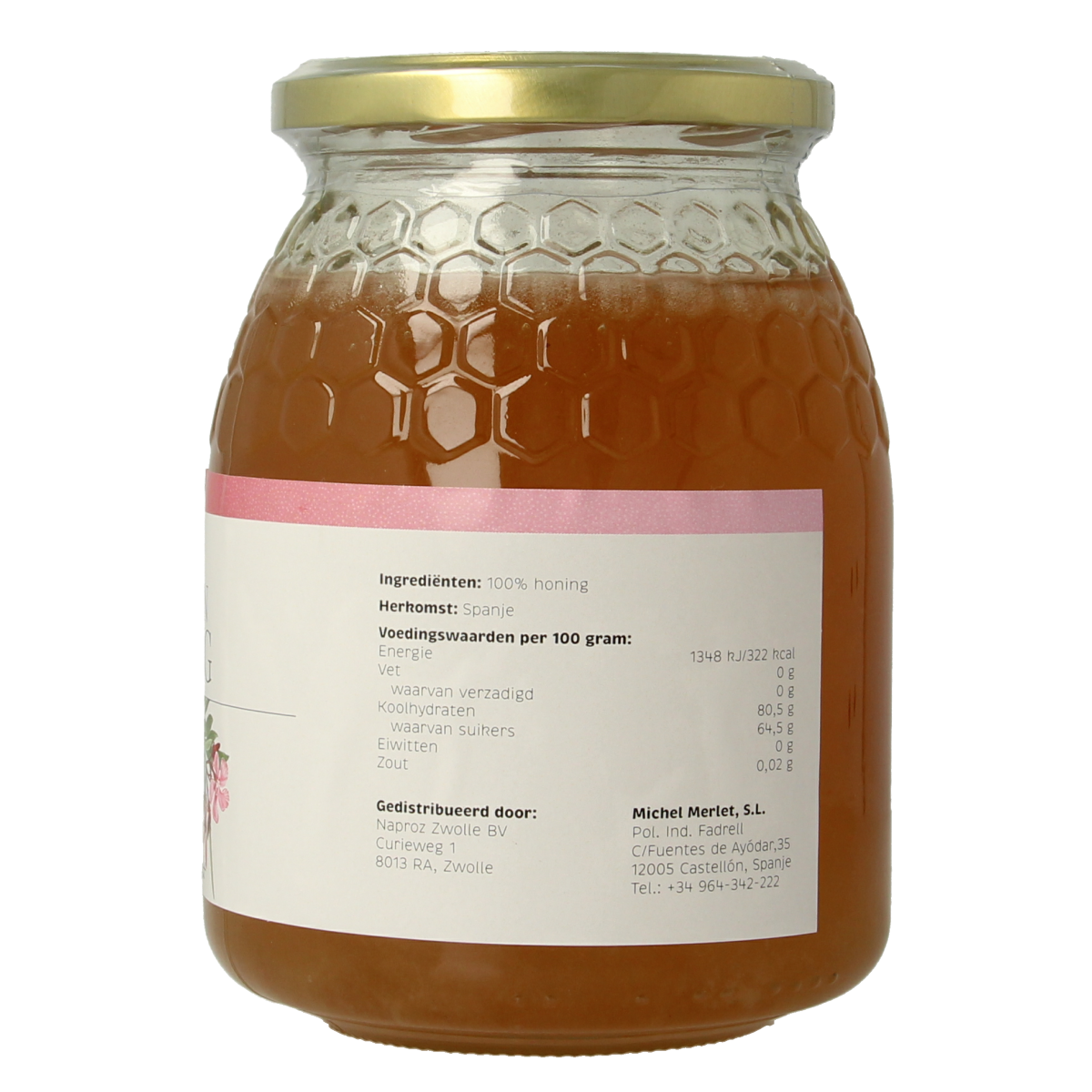 Michel Merlet Bloemenhoning Spaans, 900g jar of floral honey with a golden, viscous texture in a clear glass container.