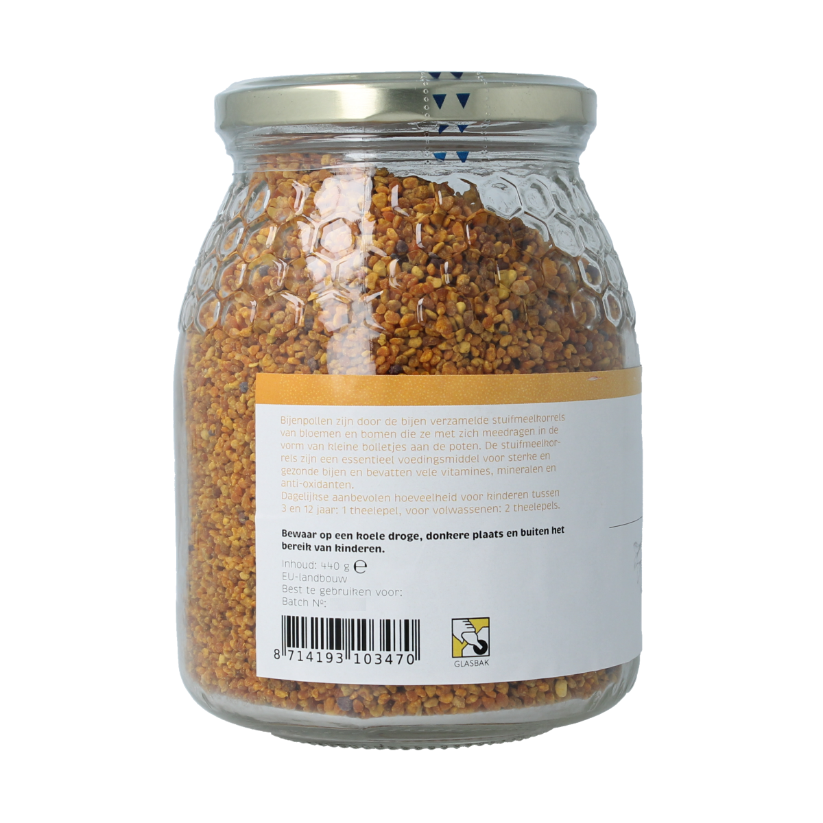 Michel Merlet Stuifmeelkorrels raw superfood in 440g container, close-up of bee pollen granules in a jar.