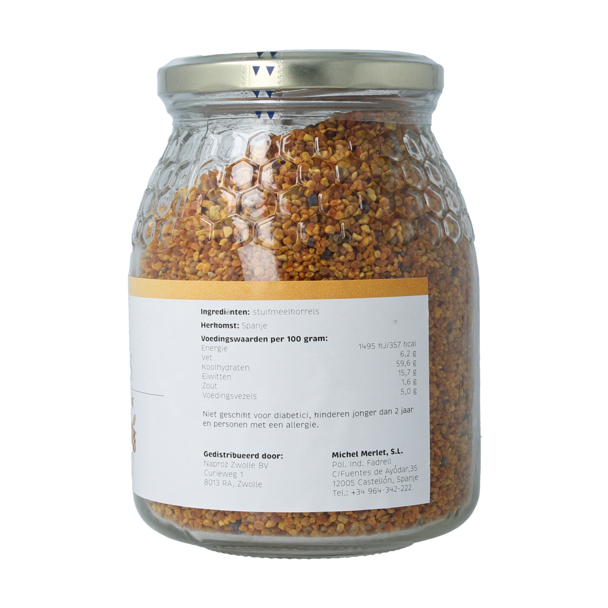 Michel Merlet Stuifmeelkorrels raw superfood in a 440g package, close-up of golden pollen granules on a white background.