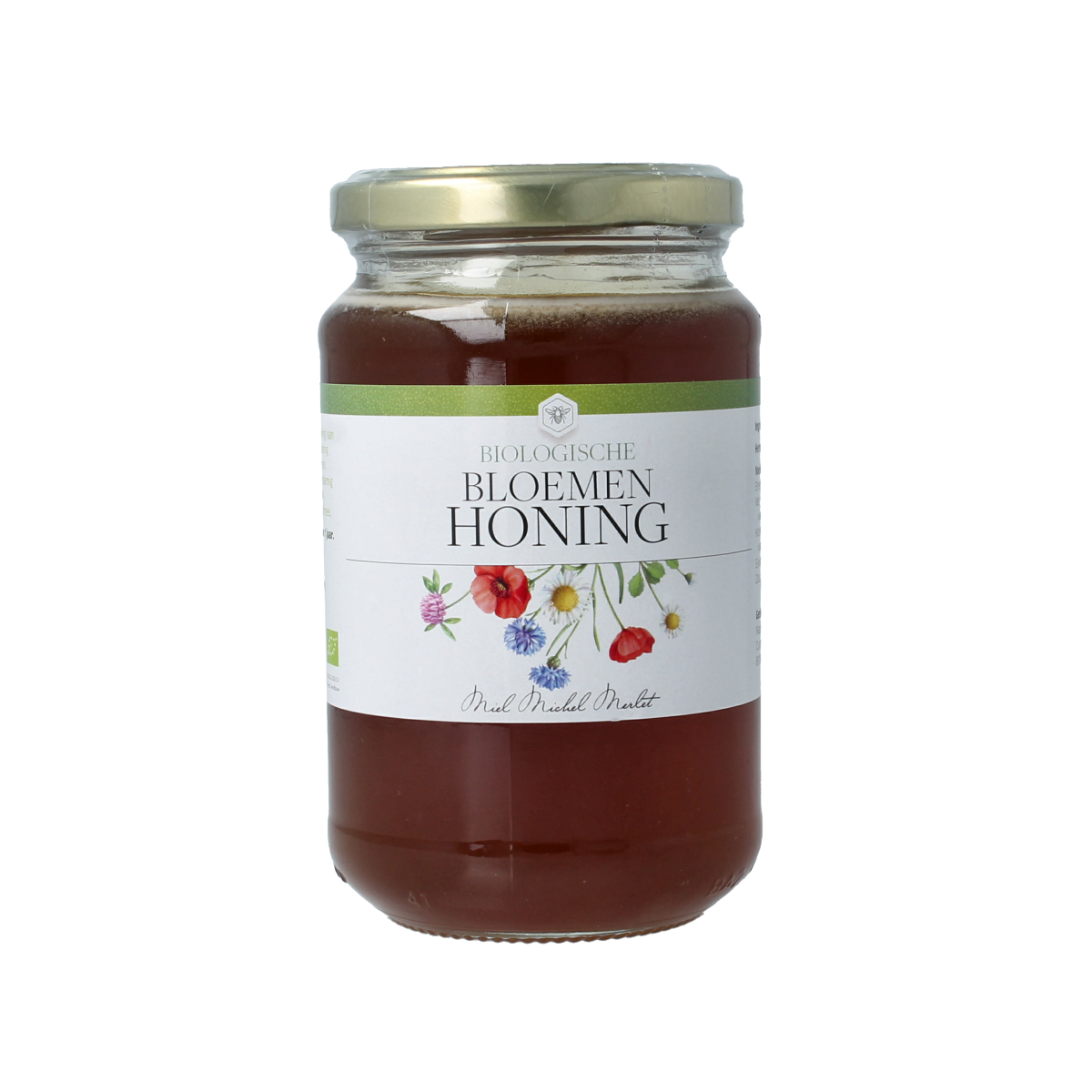 Organic Michel Merlet Bloemenhoning honey jar, 450 grams, with a golden, textured honey surface and natural floral label design.