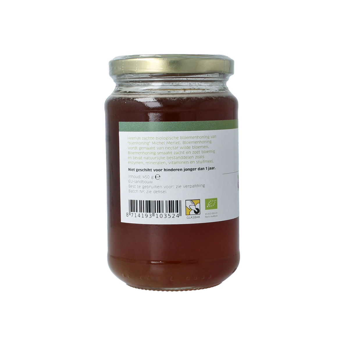 Organic Michel Merlet Bloemenhoning honey jar, 450g, featuring a clear glass container with golden honey inside.