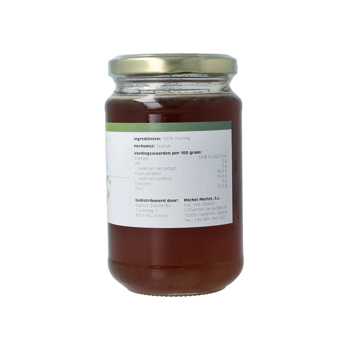 Michel Merlet bio bloemenhoning in 450g jar, showing golden honey with flower label on glass jar.