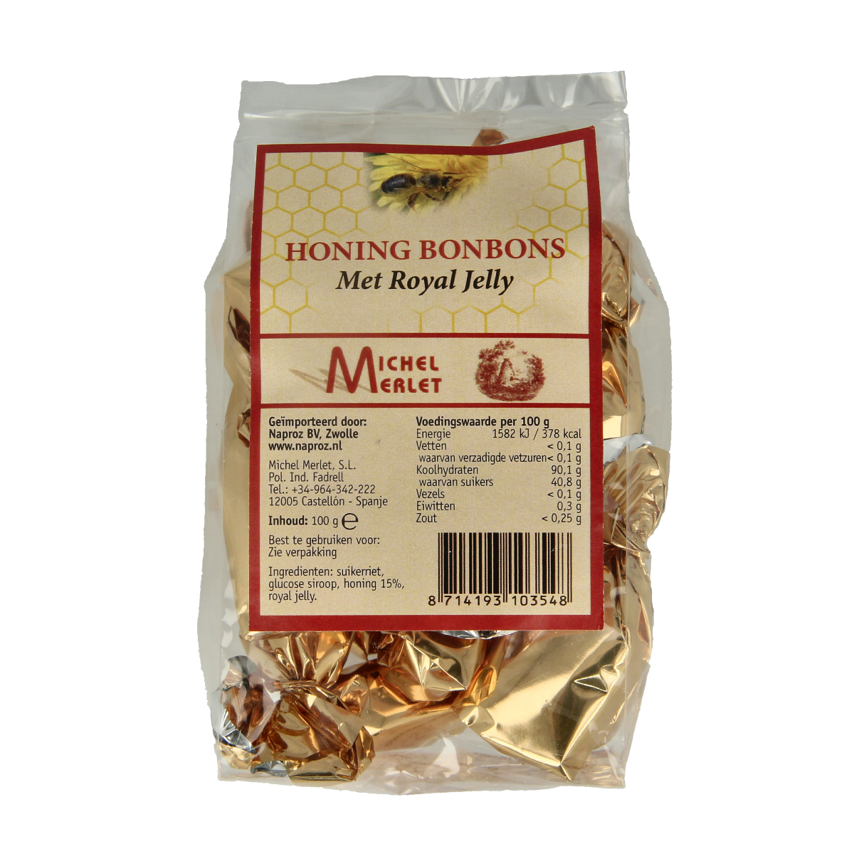 Michel Merlet Honing bonbons with royal jelly, 100g, showing golden honey-flavored candies in a clear wrapper.