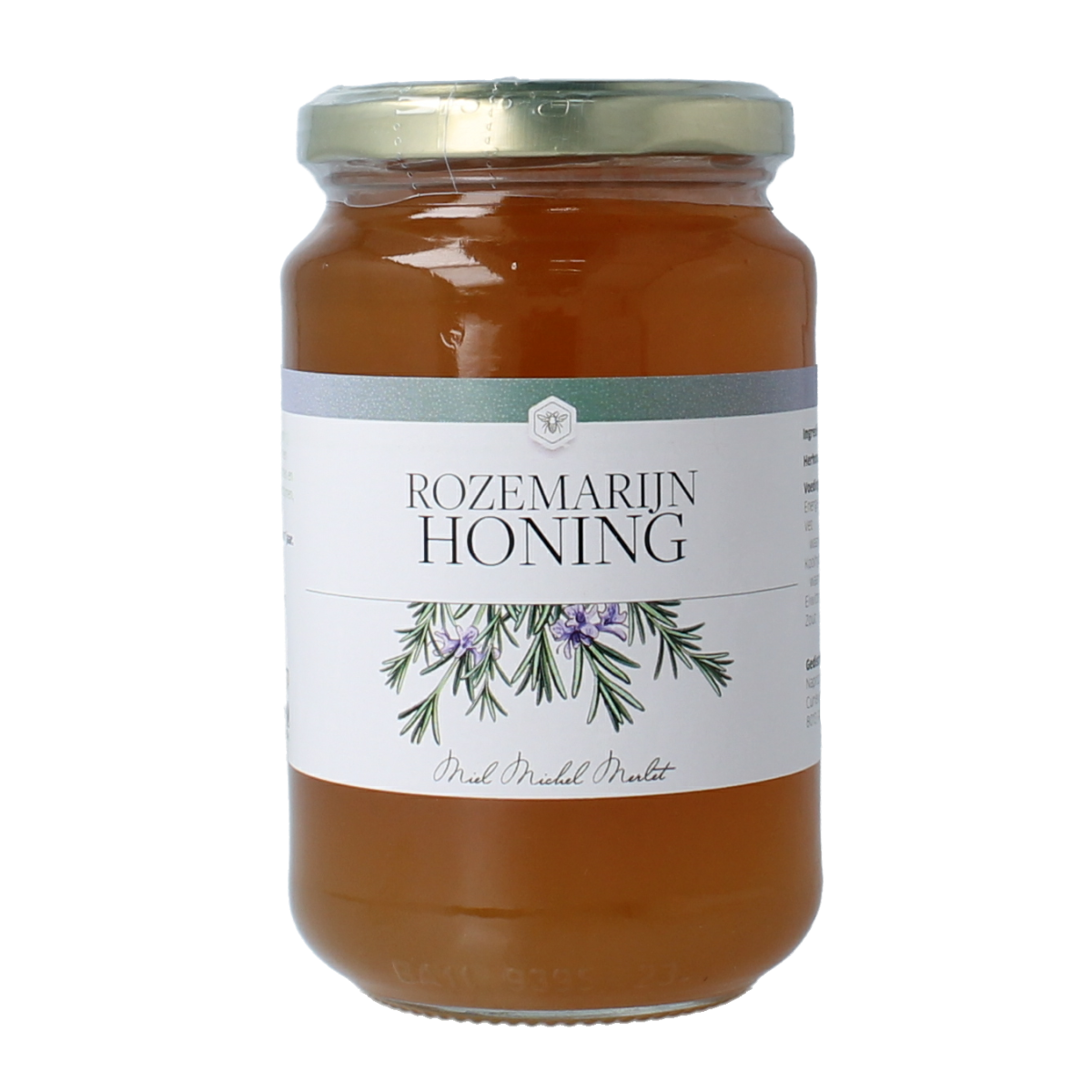 Jar of Michel Merlet Rozemarijn honey, 500g, showcasing the honey's golden color and rosemary infusion in a clear glass jar.