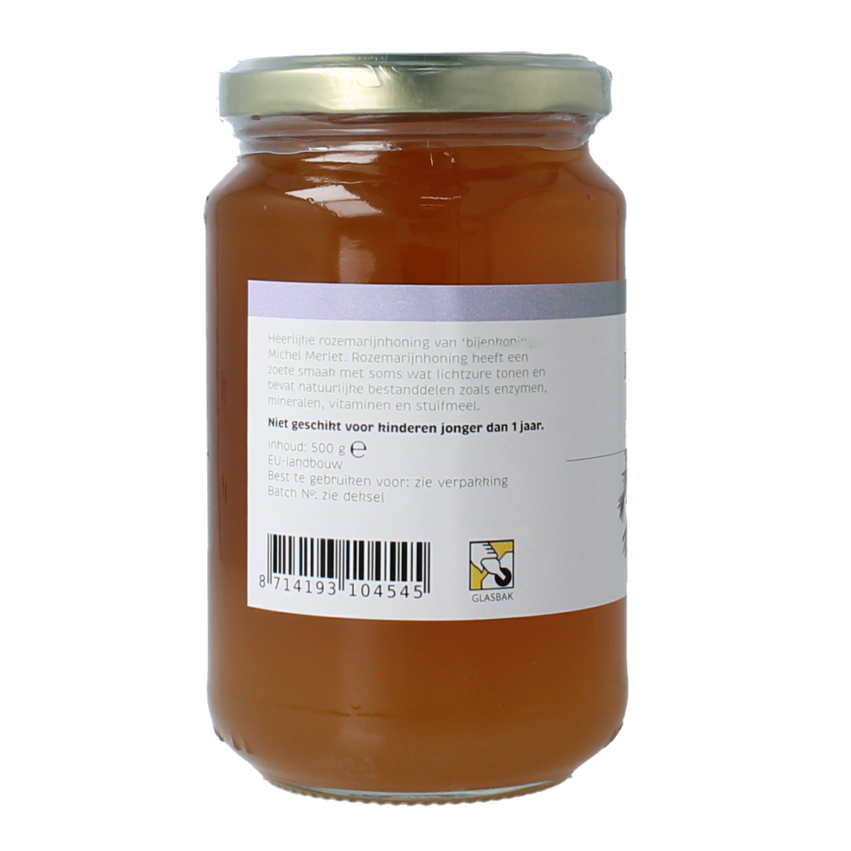 Michel Merlet Rozemarijn honing in a 500g jar, featuring golden rosemary honey with a natural honeycomb texture.