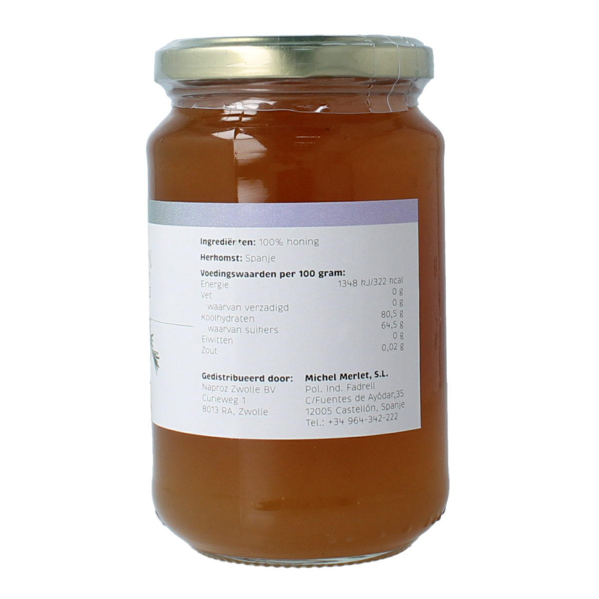Michel Merlet Rozemarijn honing in a 500g jar, showing golden honey with rosemary flavor and textured lid.