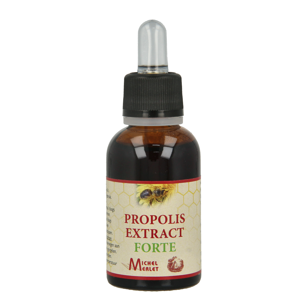 Michel Merlet Propolis extract extra forte 30ml herbal supplement in a glass bottle, labeled with product details and brand logo.