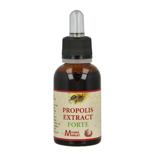 Michel Merlet Propolis extract extra forte 30ml herbal supplement in a glass bottle, labeled with product details and brand logo.