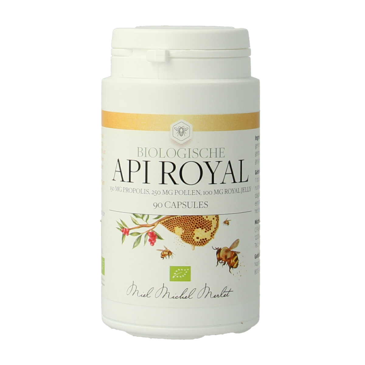 Michel Merlet Api Royal Bio herbal supplement capsules in a bottle, showcasing the product packaging and capsules.