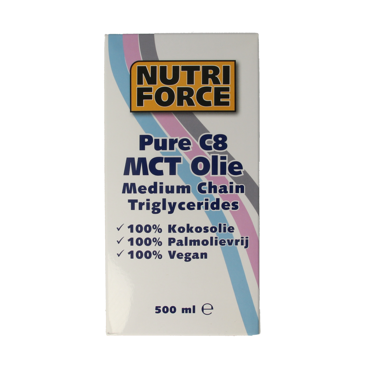 Nutriforce MCT 8 olie bottle, 500ml, healthy oil and fat supplement, clear label on a white background