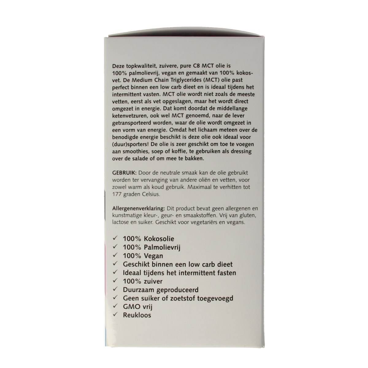 Nutriforce MCT 8 olie bottle, 500ml, natural coconut oil supplement for energy and health in a clear plastic container