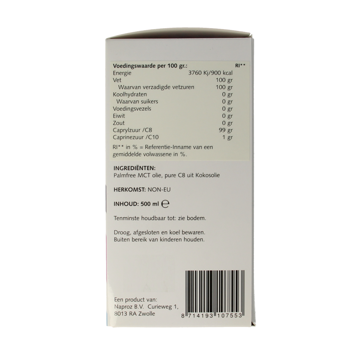 Nutriforce MCT 8 olie bottle, 500ml, healthy oils and fats, clear label, white cap, kitchen setting