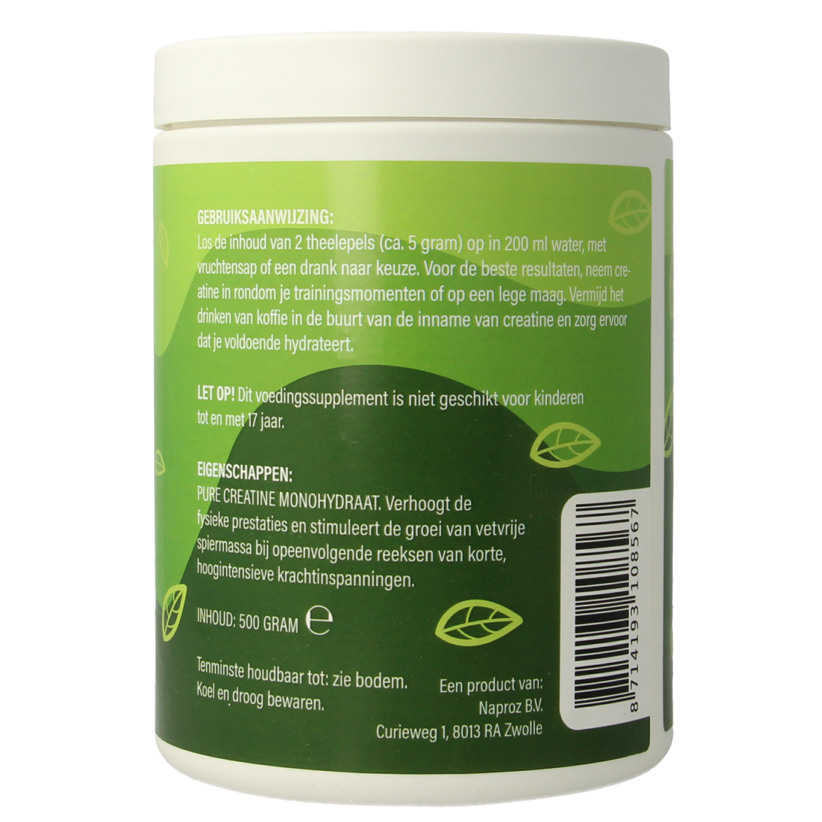 Nutriforce Creatine 500g container, amino acids supplement with label showing product details and branding.