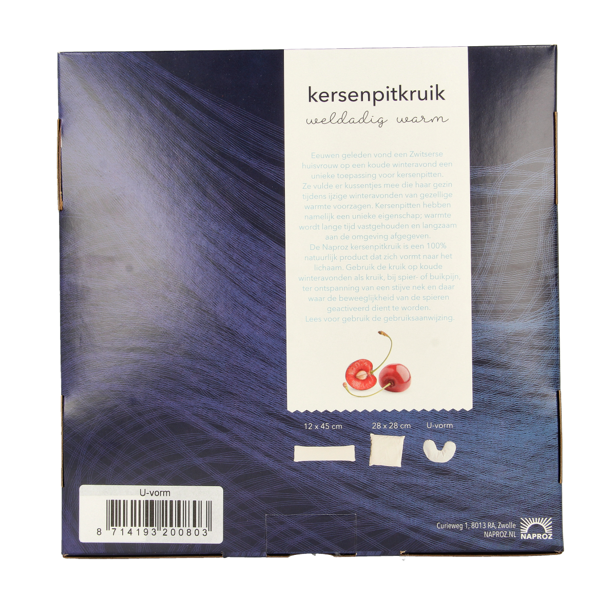 Naproz Kruiken Kersenpitkussen u-vorm, U-shaped cherry pit cushion, single piece, designed for comfort and support.