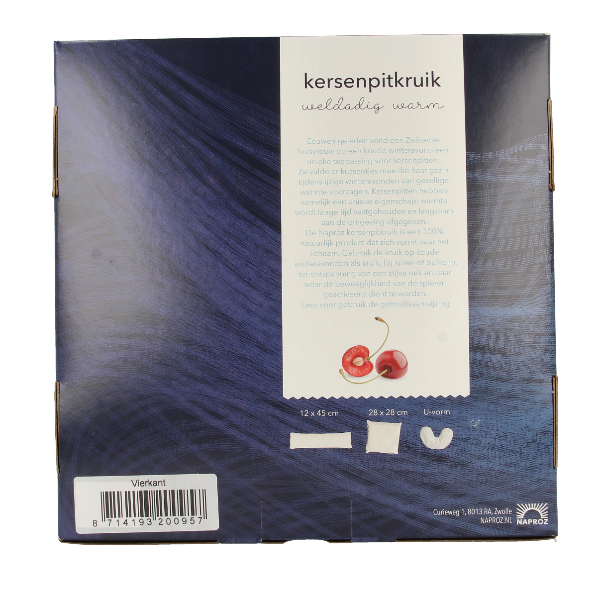 Square Naproz kruiken kersenpitkussen with a soft, textured fabric cover, designed for comfortable use.