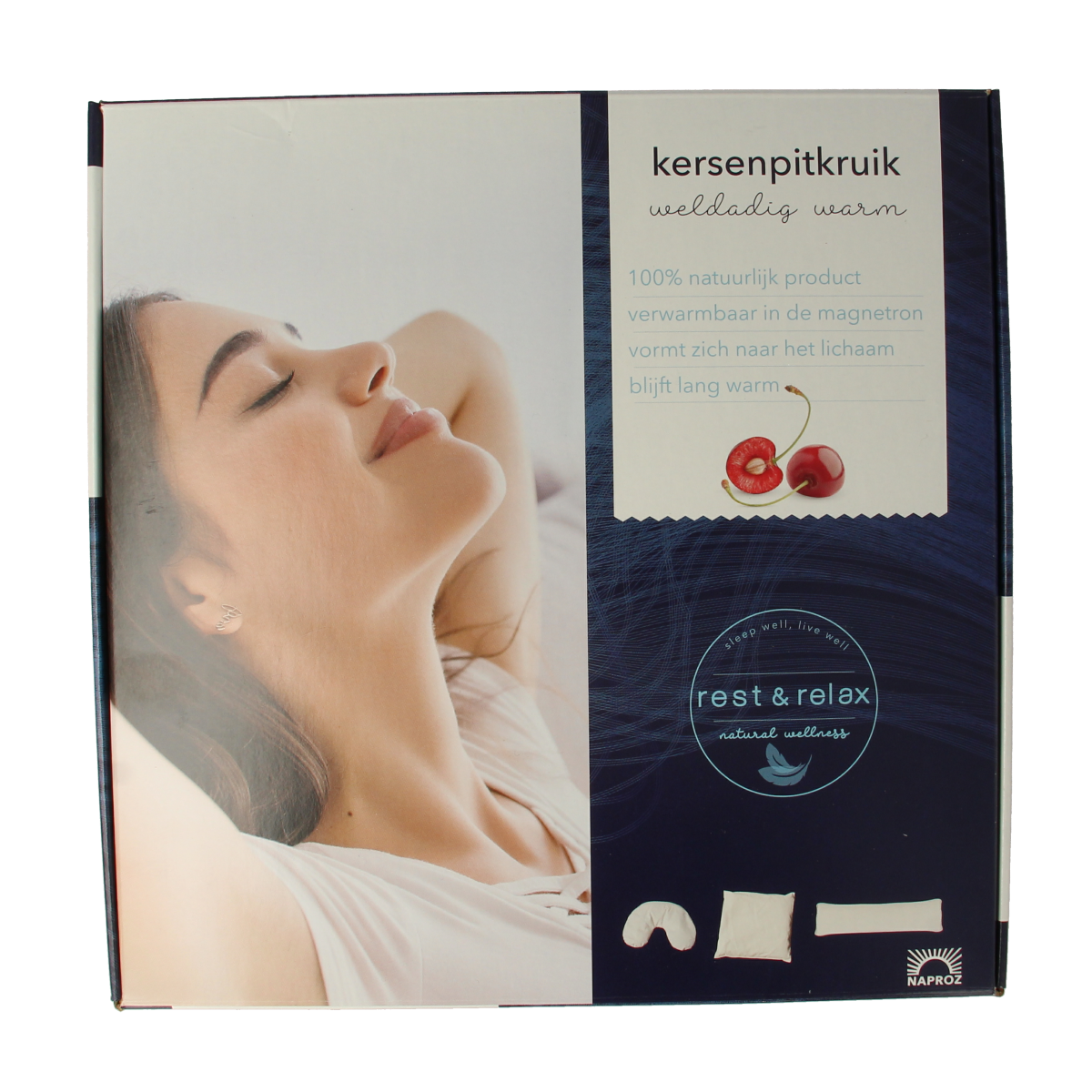 Naproz Kersenpitkruik, long rectangular hot water bottle, 12x45cm, white fabric with a textured surface.