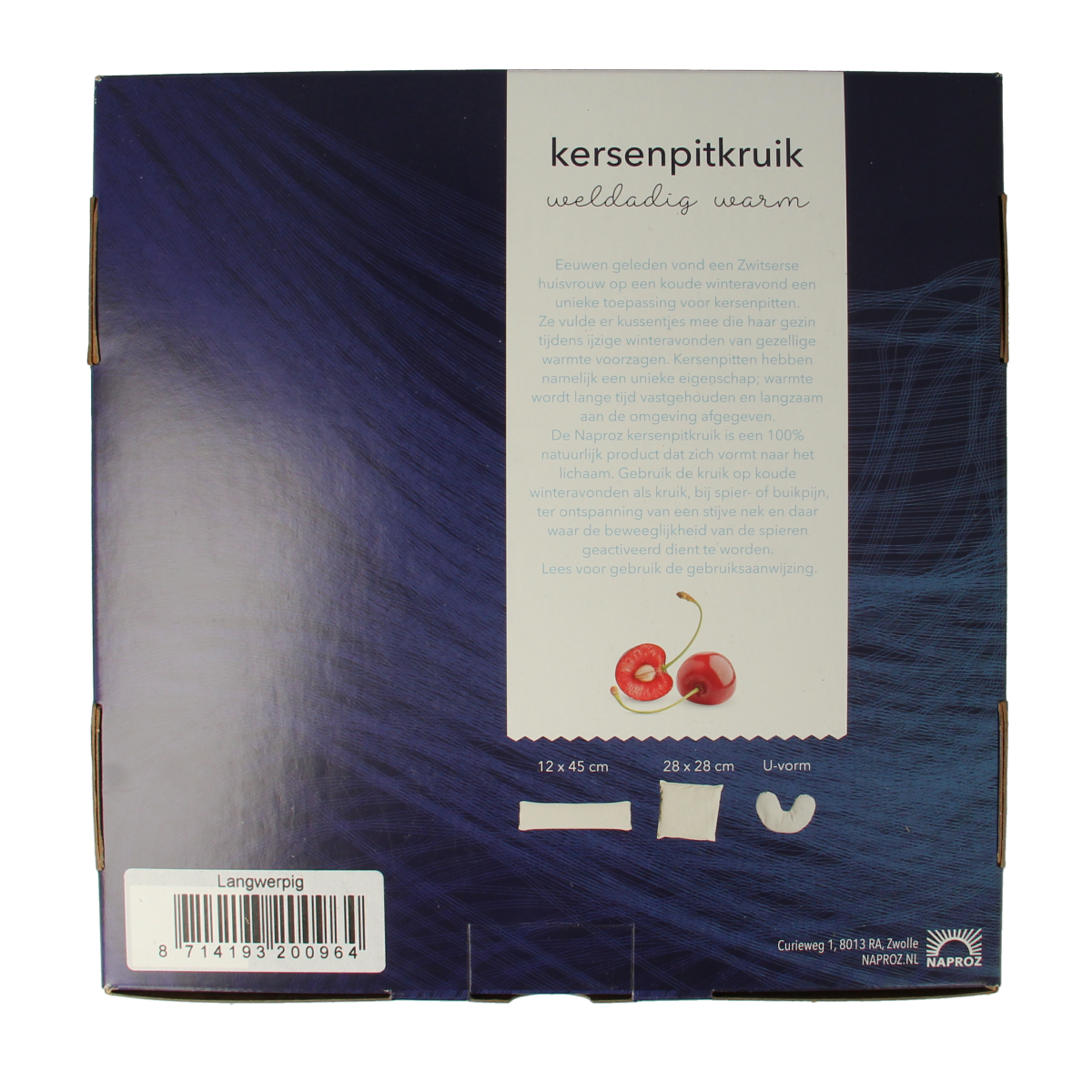 Naproz Kersenpitkruik, long, rectangular hot water bottle, 12x45cm, made of kersenpit material, single piece.