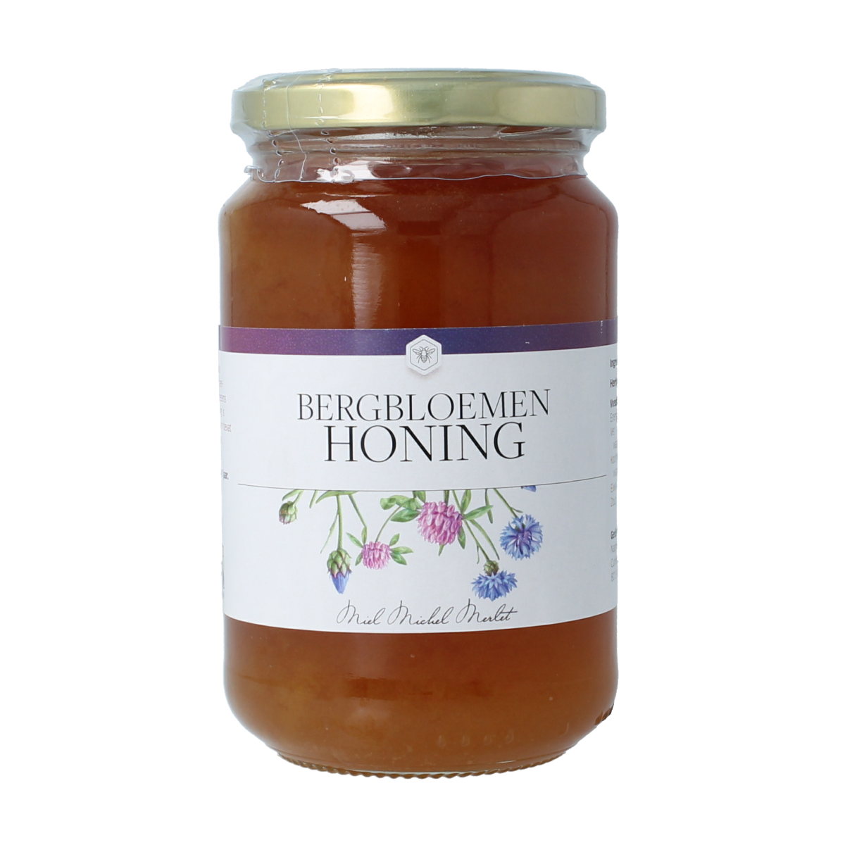 Michel Merlet Bergbloemen honing jar showing natural honey with floral notes in a 500g container.