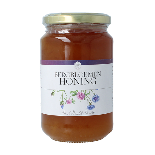 Michel Merlet Bergbloemen honing jar showing natural honey with floral notes in a 500g container.