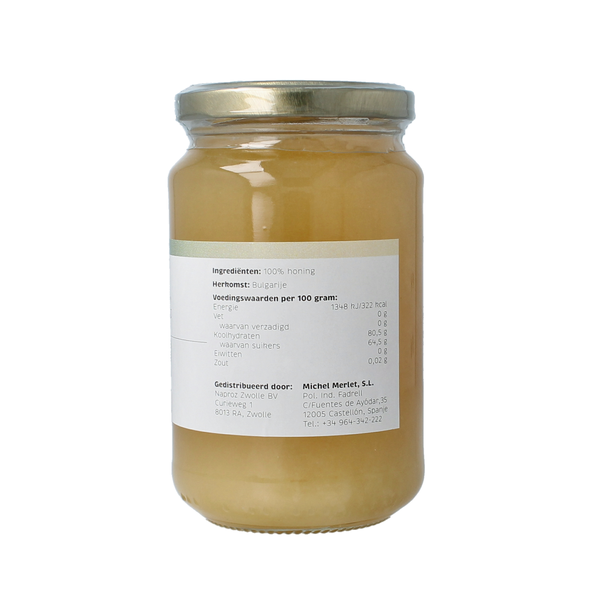 Michel Merlet Linde honing in a 500g jar, smooth natural honey with a golden color, shown in a clear container.