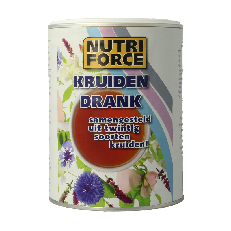 Nutriforce Instant kruidenthee in 380g package, showcasing herbal tea blend in a clear jar with a label.