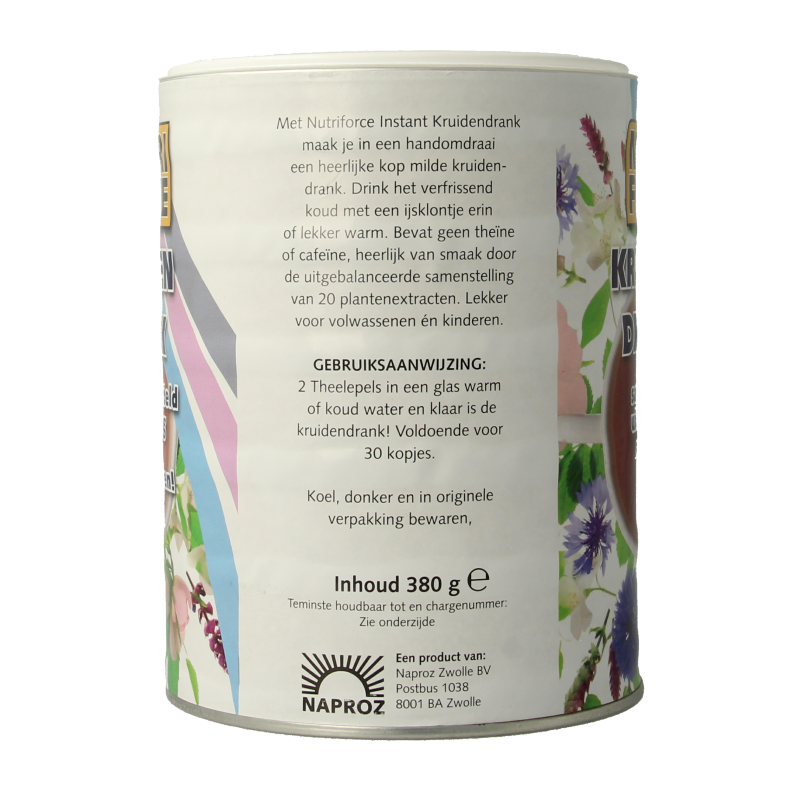 Nutriforce instant kruidenthee in 380g package, showcasing vibrant herbal tea blend in a clear container with loose herbs.