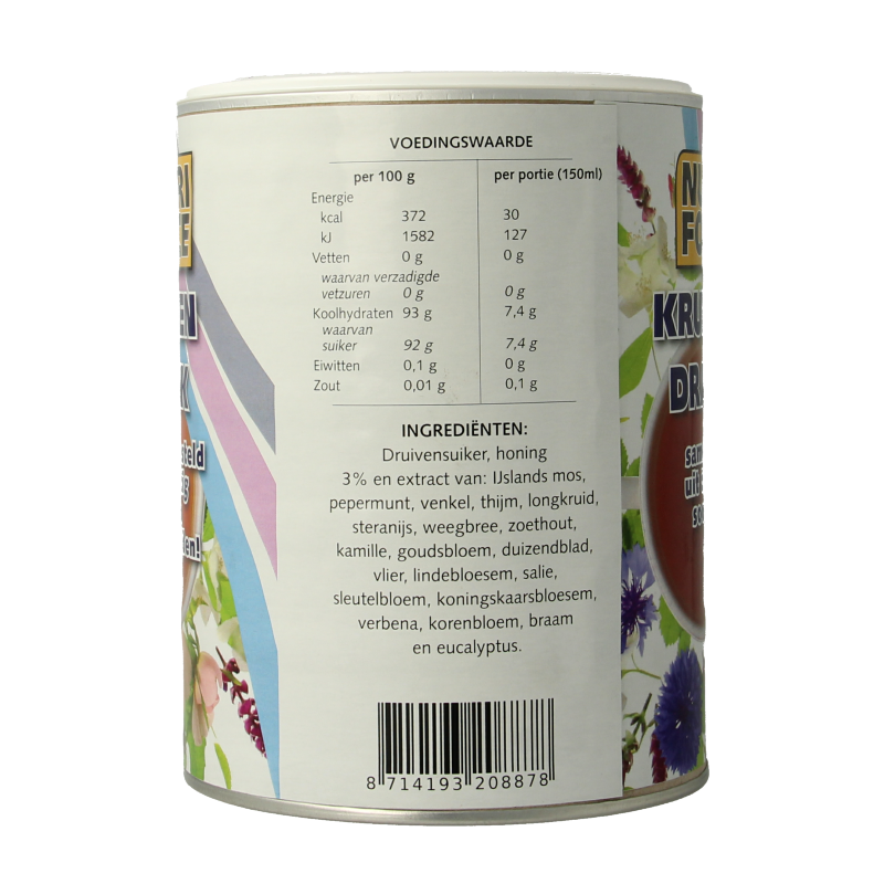 Nutriforce Instant kruidenthee in 380g package, showing a jar of herbal tea for soothing hot beverages.