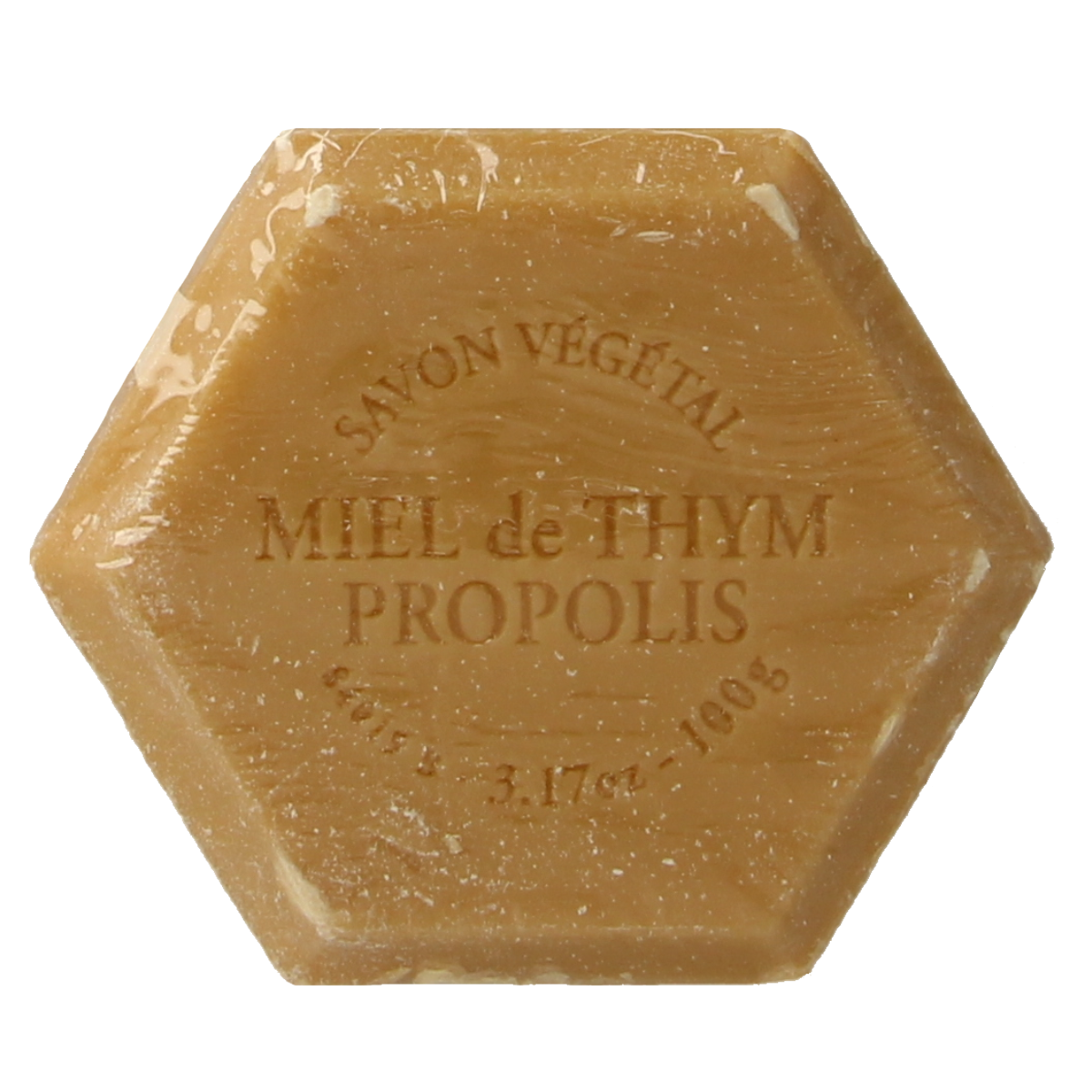 Michel Merlet honing propolis thyme soap bar, natural skincare product, showing the soap with textured surface and herbal ingredients.