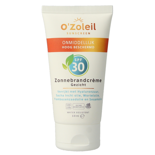 O' Zoleil SPF30 face sun protection cream in a 50ml tube, suitable for facial skin protection from sun exposure
