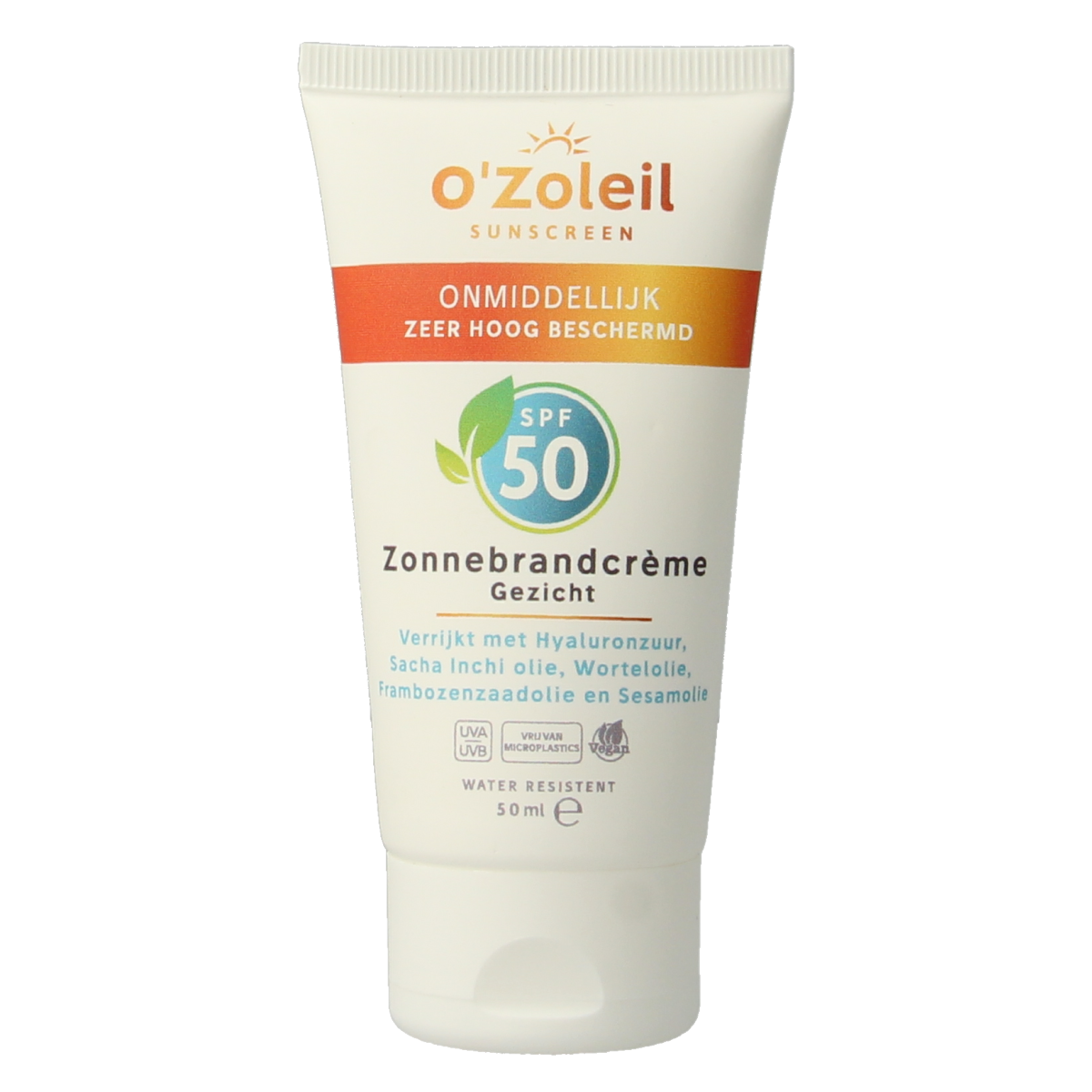 O' Zoleil SPF50 facial sunscreen cream in 50ml tube, providing sun protection for the face with broad-spectrum SPF 50.