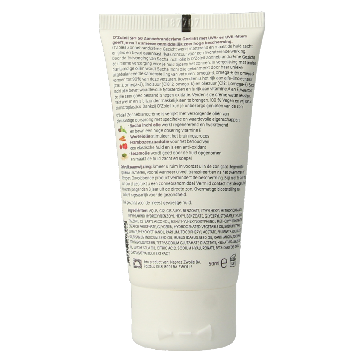 O' Zoleil SPF50 facial sun cream in 50ml tube, provides broad-spectrum sun protection for the face with lightweight formula