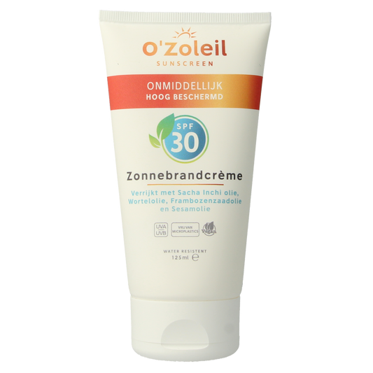 O' Zoleil SPF 30 sun protection cream in 125ml tube, suitable for face and body, with easy-to-apply sunscreen formula.