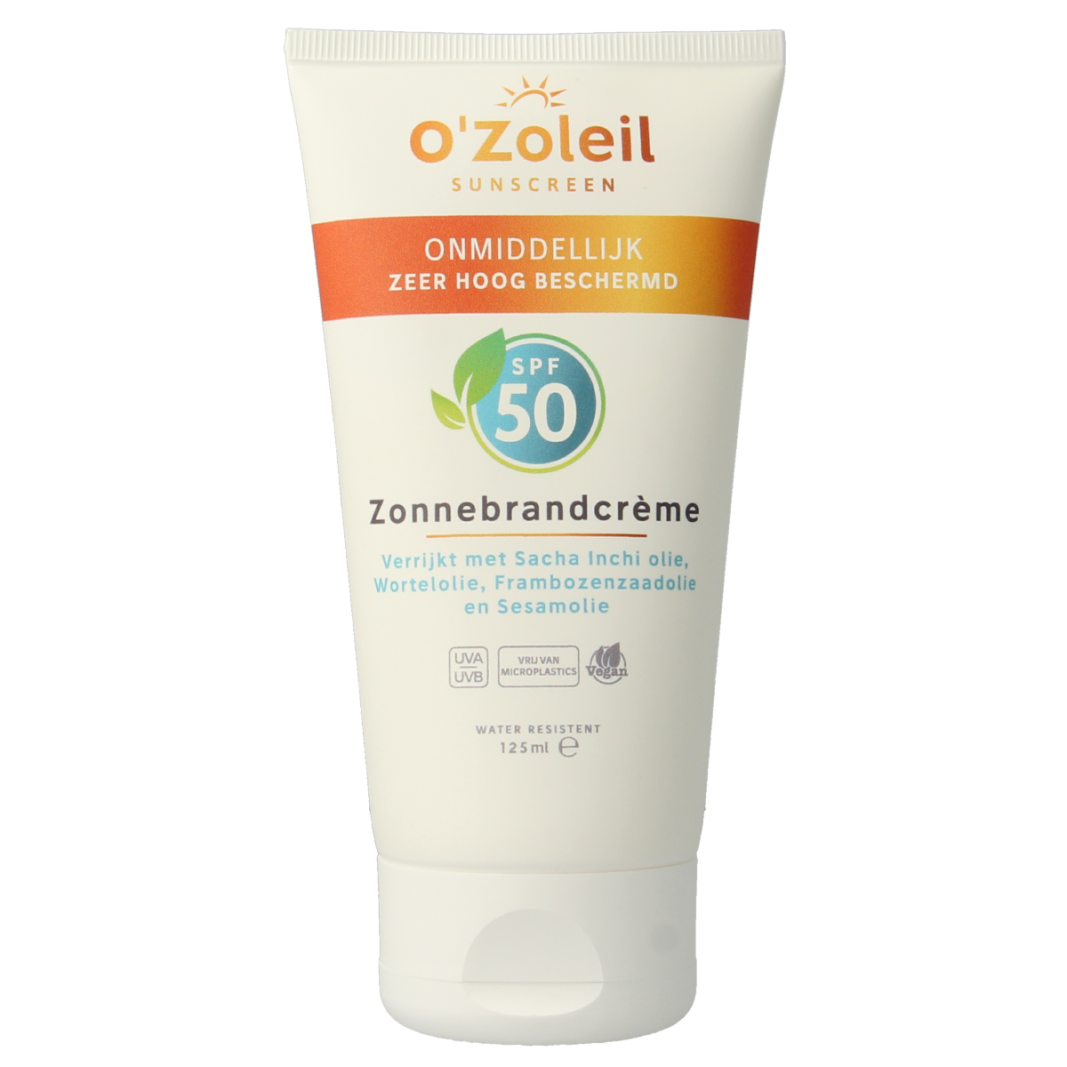 O' Zoleil SPF50 sun protection cream in 125ml tube, designed for effective sun shielding and skin care.