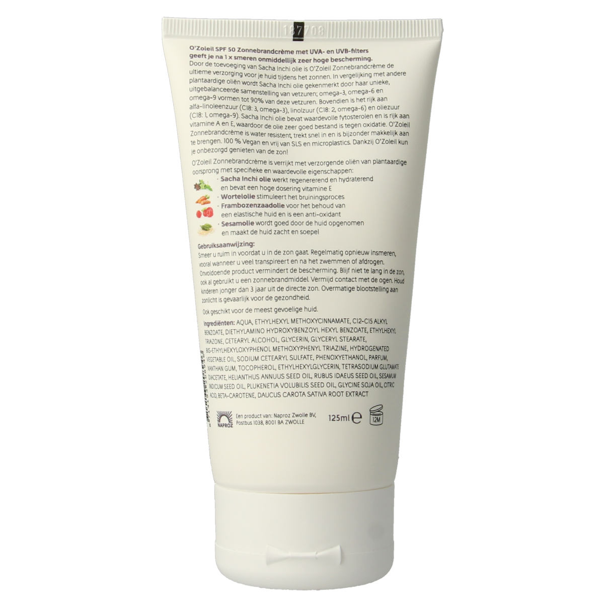 O' Zoleil SPF50 sun protection cream in 125ml tube, designed for effective sun shielding and skin care.