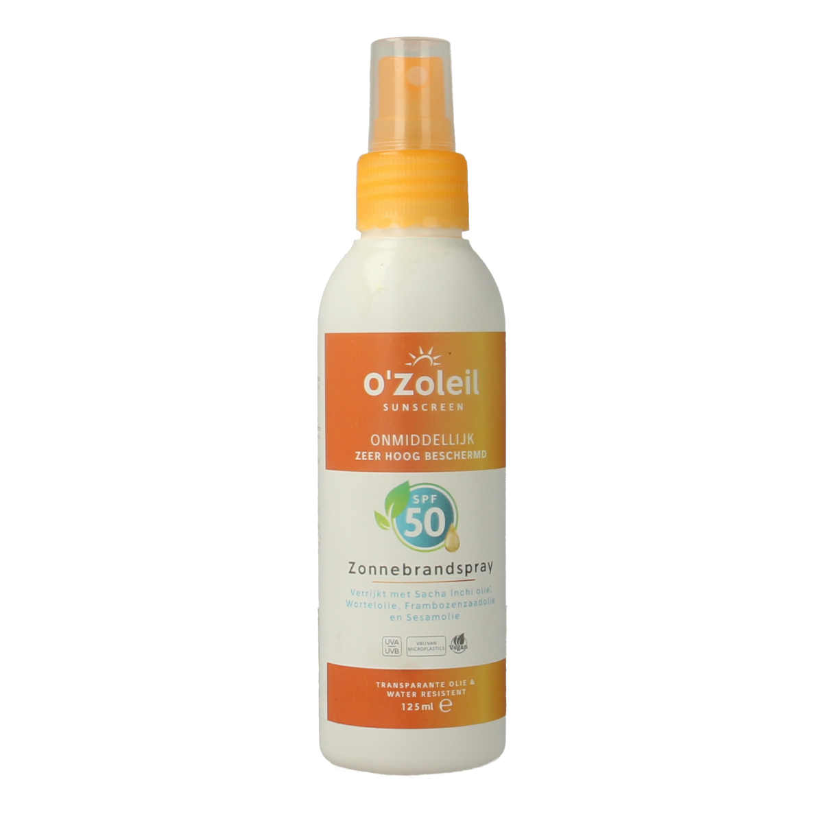 O' Zoleil SPF50 sun protection spray in 125ml bottle, designed for effective sun protection and easy application