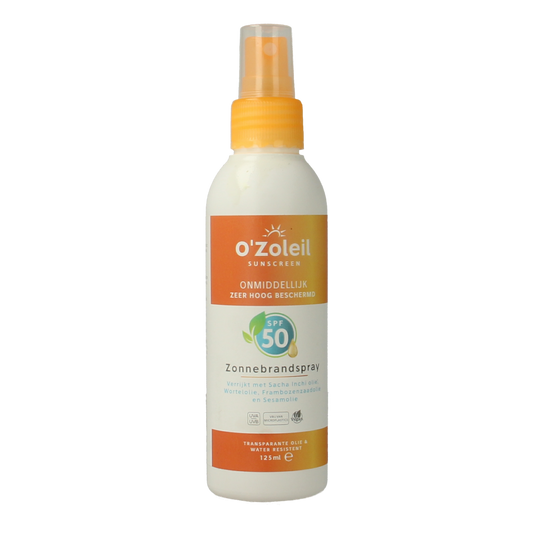 O' Zoleil SPF50 sun protection spray in 125ml bottle, designed for effective sun protection and easy application