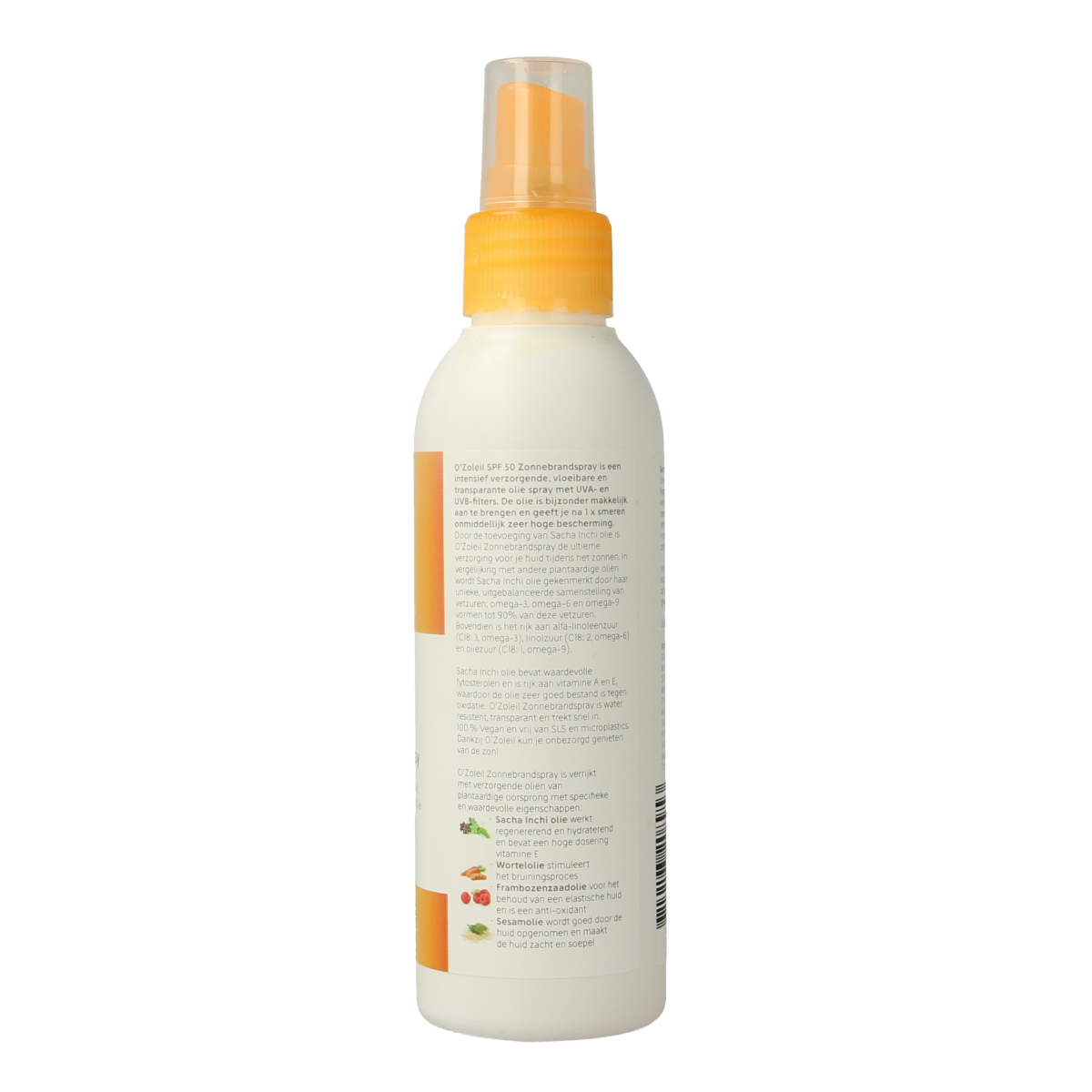 O' Zoleil SPF50 sun spray bottle, 125ml, with a spray nozzle and bright packaging for sunscreen protection.